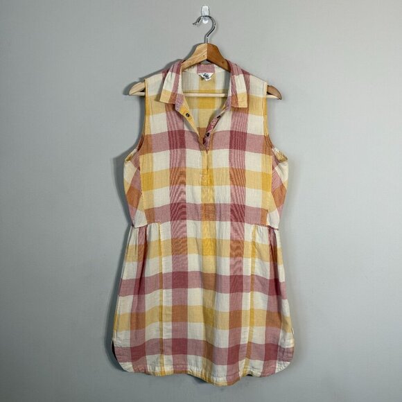 Woolrich Organic Cotton Plaid Collared Mini Dress Women's L Red Yellow Outdoors - Picture 2 of 10